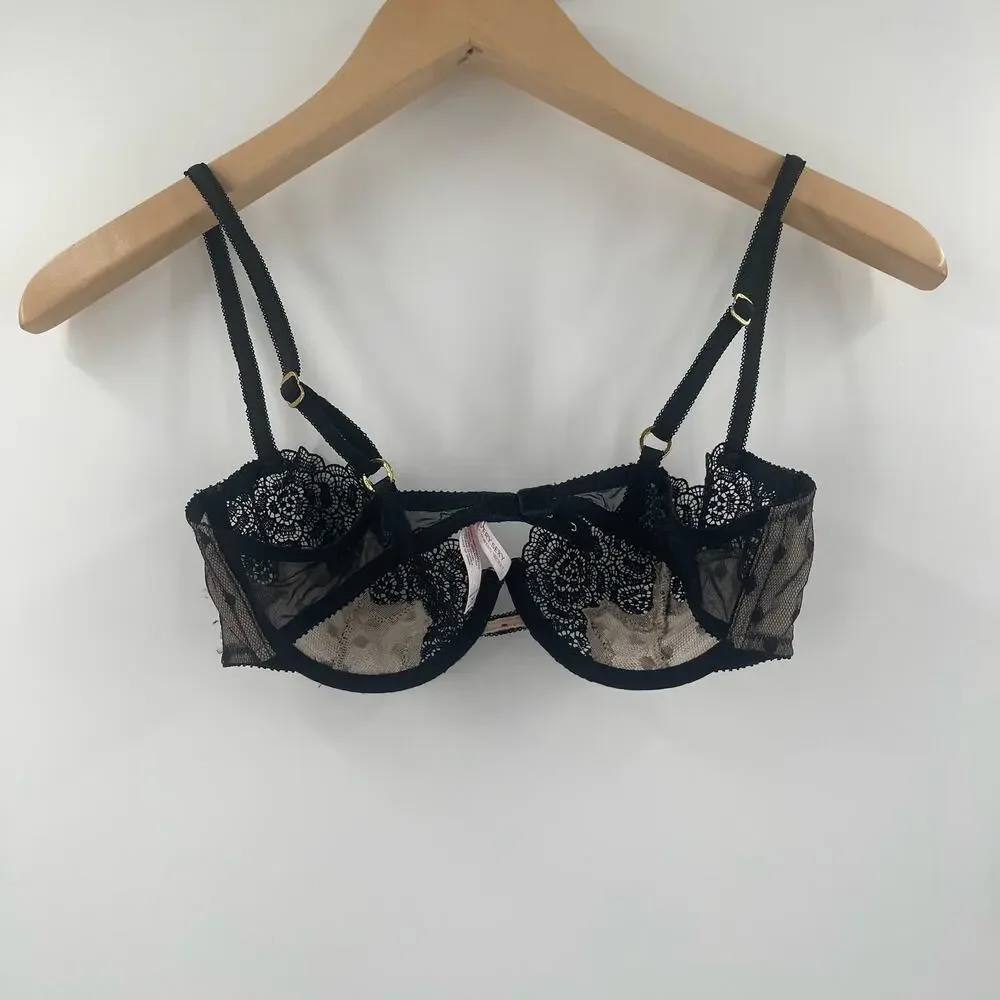 VICTORIA'S SECRET Bra Size 34B Very Sexy Y2K 2000s Balconet Lace Mesh Lingerie